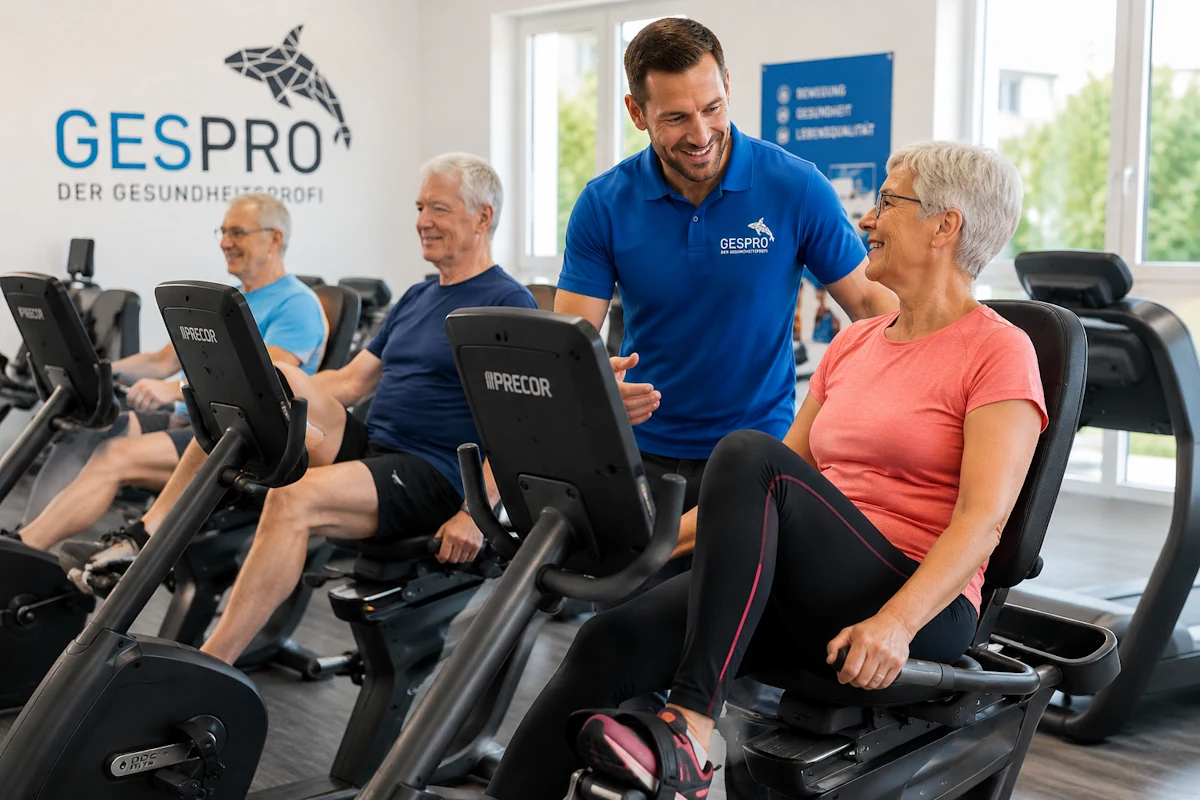 Herzsport Leipzig Pulsmessung mit Trainer und älterem Mann im Fitnessstudio Liebertwolkwitz