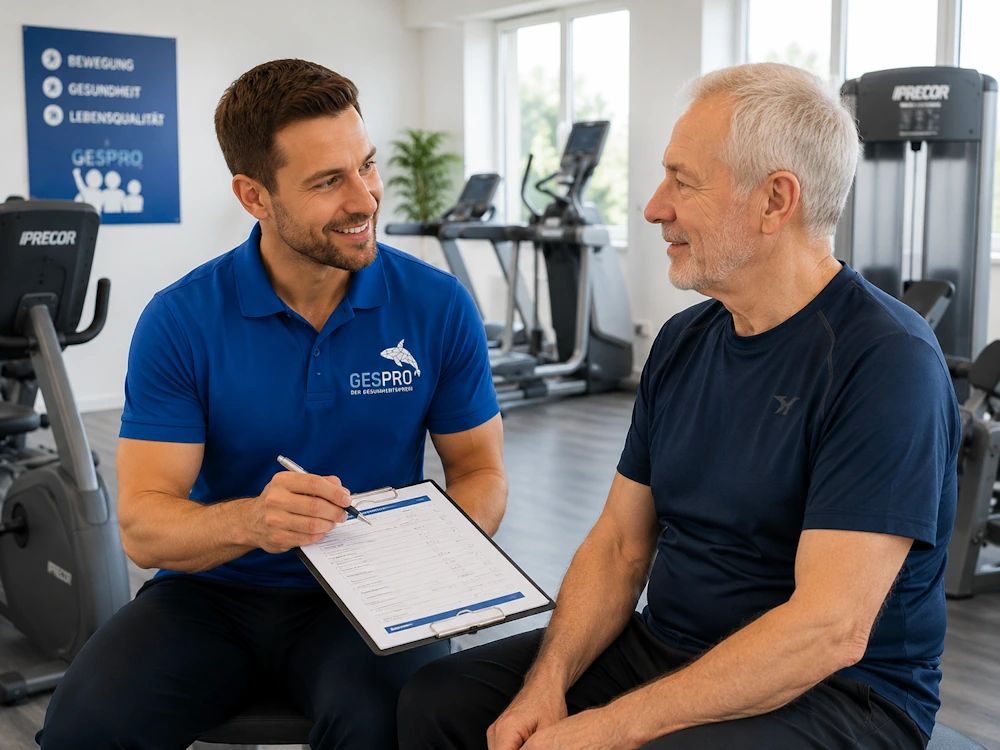 Herzsport Leipzig Liebertwolkwitz Trainer befragt älteren Mann mit Formular im Fitnessbereich